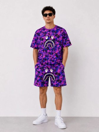 Erkek Oversize Kalıp Pubg Bape X Shark Nakışlı Cepli Şort Takım - Mor