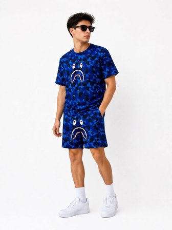 Erkek Oversize Kalıp Pubg Bape X Shark Nakışlı Cepli Şort Takım - Mavi