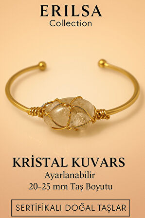 Sertifikalı Doğal Kristal Kuvars Taşı Ayarlanabilir 24K Altın Kaplama Bileklik 20-25 mm
