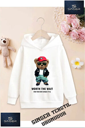 Kız/Erkek Çocuk Beyaz Kapüşonlu ''AYICIK KRMZI SAPKLI'' Baskılı Sweatshirt