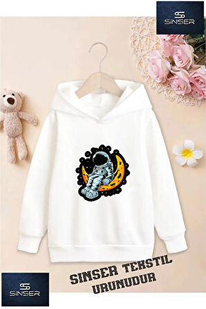 Kız/Erkek Çocuk Beyaz Kapüşonlu ''ASTRONOT AYA OTURAN'' Baskılı Sweatshirt