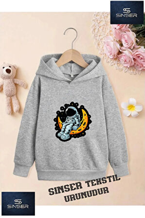 Kız/Erkek Çocuk Beyaz Kapüşonlu ''ASTRONOT AYA OTURAN'' Baskılı Sweatshirt