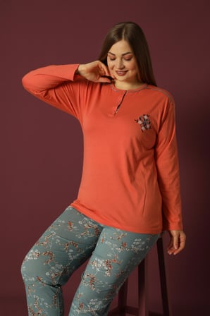Nisanca Uzun Kollu %100 Pamuk Büyük Beden Anne Pijama Takımı- Anne Özel Serisi