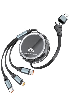 Mobilite 100W PD 3in2 Makaralı Şarj Kablosu Hızlı Şarj ve Data Kablosu USB Type-C Lightning
