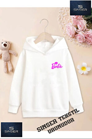Kız/Erkek Çocuk Beyaz Kapüşonlu ''OPPUCUKLU BARBY'' Baskılı Sweatshirt