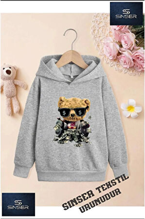 Kız/Erkek Çocuk Beyaz Kapüşonlu ''DOLARLI AYICIK YENI'' Baskılı Sweatshirt