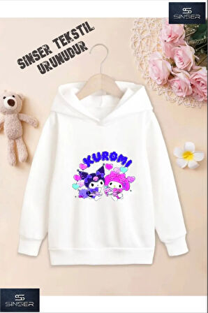 Kız/Erkek Çocuk Beyaz Kapüşonlu ''KUROMI ÖZEL'' Baskılı Sweatshirt
