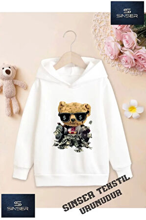 Kız/Erkek Çocuk Beyaz Kapüşonlu ''DOLARLI AYICIK YENI'' Baskılı Sweatshirt