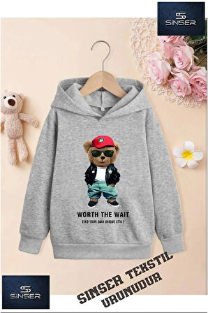 Kız/Erkek Çocuk Beyaz Kapüşonlu ''AYICIK KRMZI SAPKLI'' Baskılı Sweatshirt