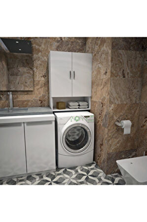 Çamaşır Makinesi Üst Banyo Dolabı Beyaz -mdf- 2 Kapaklı Kulplu Dolap Mo1