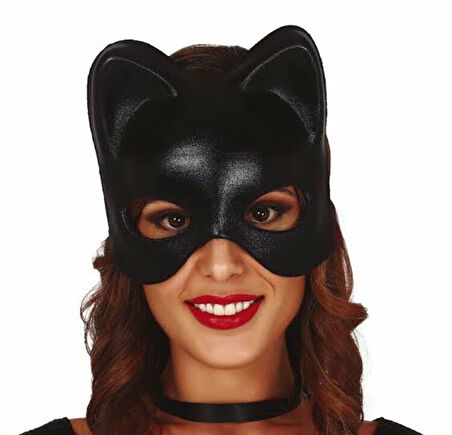Siyah Deri Görünümlü Kedi Maskesi - Cosplay & Maskeli Balo
