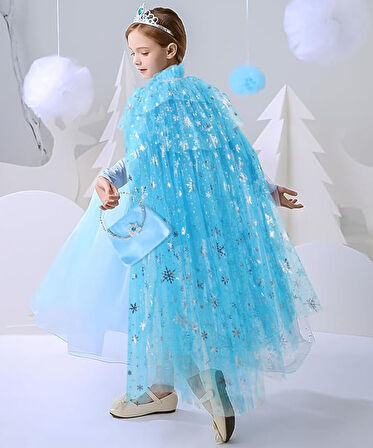 Karlar Ülkesi Elsa Frozen Mavi Pelerin - 80 cm Kar Desenli Çocuk Pelerini ( Taç Hariç )