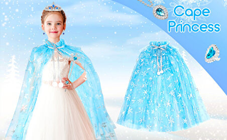 Karlar Ülkesi Elsa Frozen Mavi Pelerin - 80 cm Kar Desenli Çocuk Pelerini ( Taç Hariç )