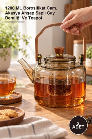 2 Adet Akasya Saplı Demlik – 1200 ML Borosilikat Cam, Akasya Ahşap Saplı Çay Demliği Ve Teapot
