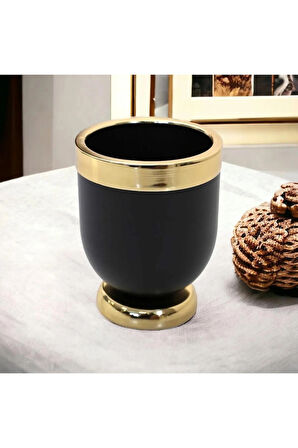 Dekoratif Metal Vazo Siyah Gold Saksı 20x16cm
