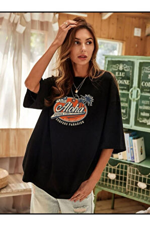 Aloha Baskılı Unisex Siyah Oversize T-shirt | M