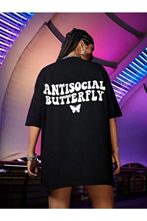 Antisocial Butterfly Baskılı Unisex Siyah Oversize T-shirt | S