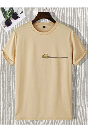 Araba Baskılı Unisex Bej Oversize T-shirt | S
