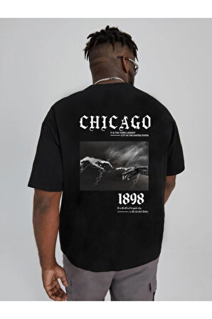 Chicago 1898 Baskılı Unisex Siyah Oversize T-shirt | M