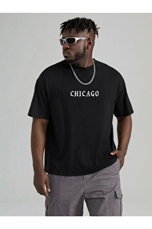 Chicago 1898 Baskılı Unisex Siyah Oversize T-shirt | S