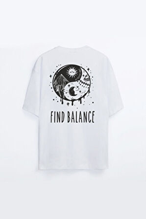 Find Balance Baskılı Unisex Beyaz Oversize T-shirt | L/XL