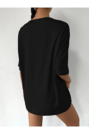 Happiness Baskılı Unisex Siyah Oversize T-shirt | XL