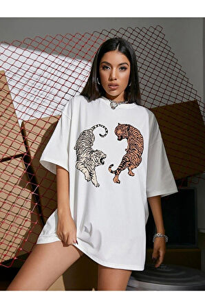Kaplan Baskılı Unisex Beyaz Oversize T-shirt | L