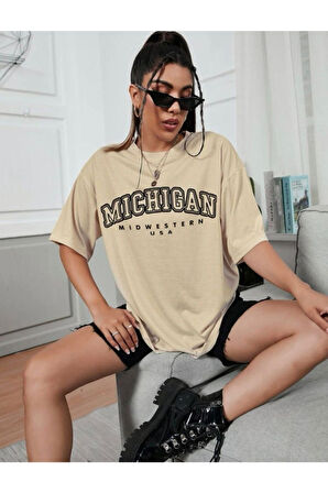 Michigan Usa Baskılı Unisex Bej Oversize T-shirt | XL