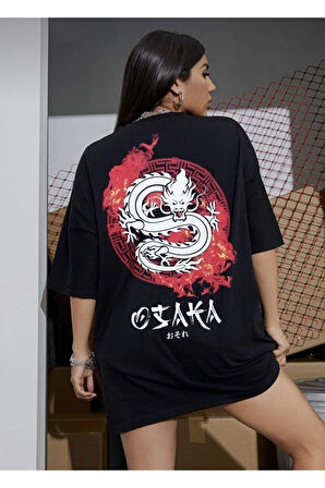 Osaka Baskılı Unisex Siyah Oversize T-shirt | XL