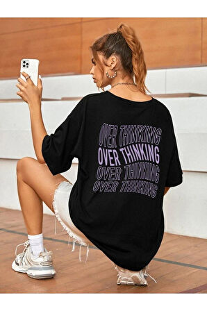 Overthinking Baskılı Unisex Siyah Oversize T-shirt | XL