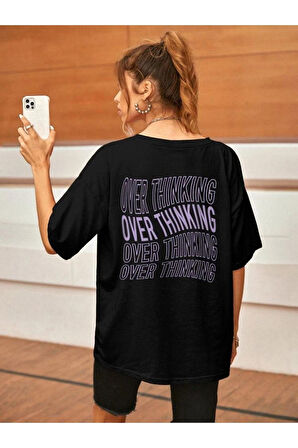 Overthinking Baskılı Unisex Siyah Oversize T-shirt | XL