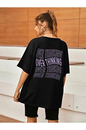 Overthinking Baskılı Unisex Siyah Oversize T-shirt | XL