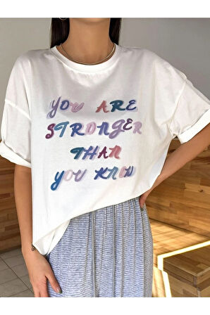 Stronger Than Baskılı Unisex Beyaz Oversize T-shirt | XL