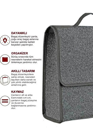 ARABA BAGAJ ÇANTASI KEÇE DAYANIKLI BAGAJ DÜZENLEYİCİ ÇANTA GRİ 30X40X15CM