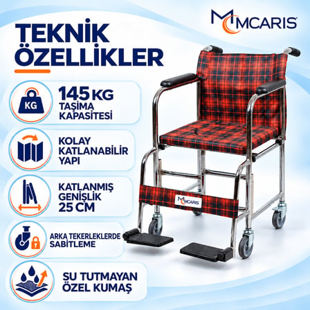 MCARIS Tekerlekli Klozetli Banyo Sandalyesi Katlanır Ayaklıklı Ekose MC-1010