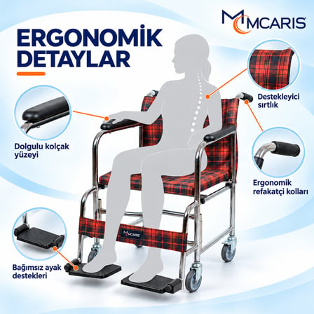 MCARIS Tekerlekli Klozetli Banyo Sandalyesi Katlanır Ayaklıklı Ekose MC-1010
