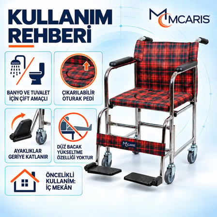 MCARIS Tekerlekli Klozetli Banyo Sandalyesi Katlanır Ayaklıklı Ekose MC-1010