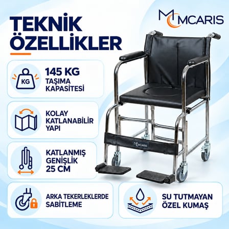 MCARIS Tekerlekli Klozetli Banyo Sandalyesi Katlanır Ayaklıklı Siyah MC-1010