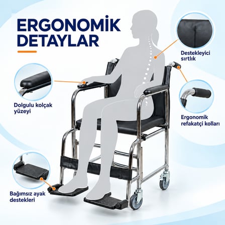 MCARIS Tekerlekli Klozetli Banyo Sandalyesi Katlanır Ayaklıklı Siyah MC-1010
