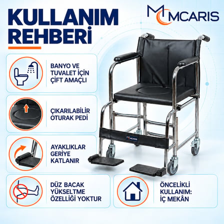 MCARIS Tekerlekli Klozetli Banyo Sandalyesi Katlanır Ayaklıklı Siyah MC-1010