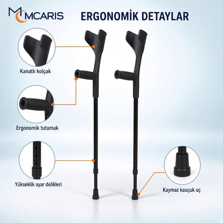 Kanatlı Kanedyen Siyah | Dirsek Destekli Koltuk Değneği MCARIS