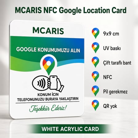NFC Google Konum Kartı 9x9 cm UV Baskılı Pleksi Temassız Harita Yol Tarifi Bantlı Tekli