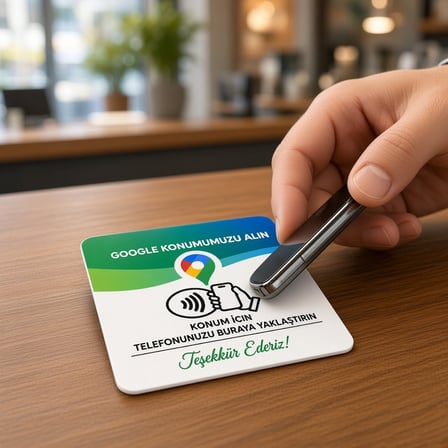 NFC Google Konum Kartı 9x9 cm UV Baskılı Pleksi Temassız Harita Yol Tarifi Bantlı Tekli