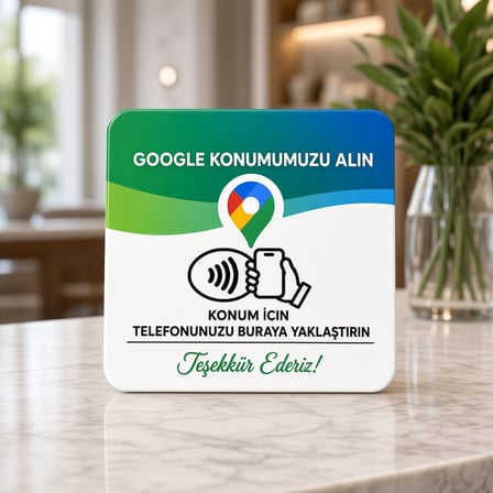 NFC Google Konum Kartı 9x9 cm UV Baskılı Pleksi Temassız Harita Yol Tarifi Bantlı Tekli
