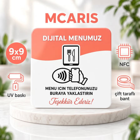 NFC Dijital Menü Kartı 9x9 cm UV Baskılı Pleksi Temassız Restoran Cafe Menü Bantlı Tekli
