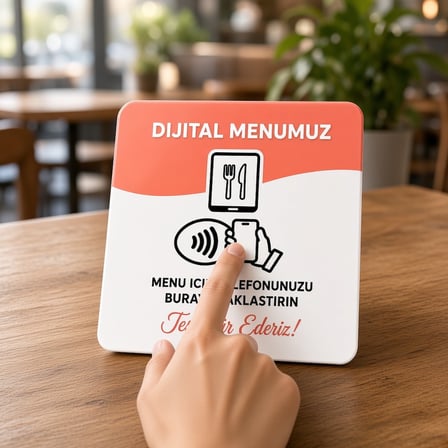 NFC Dijital Menü Kartı 9x9 cm UV Baskılı Pleksi Temassız Restoran Cafe Menü Bantlı Tekli