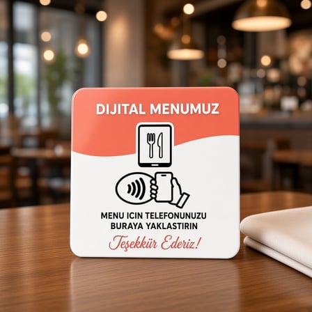 NFC Dijital Menü Kartı 9x9 cm UV Baskılı Pleksi Temassız Restoran Cafe Menü Bantlı Tekli