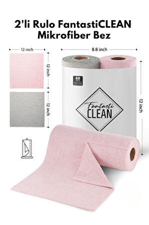 Çok Amaçlı Rulo Mikrofiber Temizlik Bezi 30x30 60 Yapraklı Gri - Pembe(2x30’lu Paket)