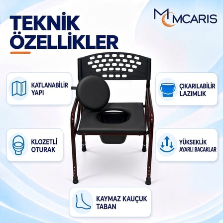 Katlanabilir Tuvalet Sandalyesi Bordo | MCARIS Klozetli WC