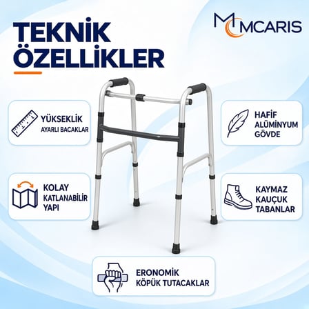 Katlanabilir Yürüteç Beyaz | MCARIS Walker Hasta Yaşlı Yürüteci | Boru Çapı 25 mm
